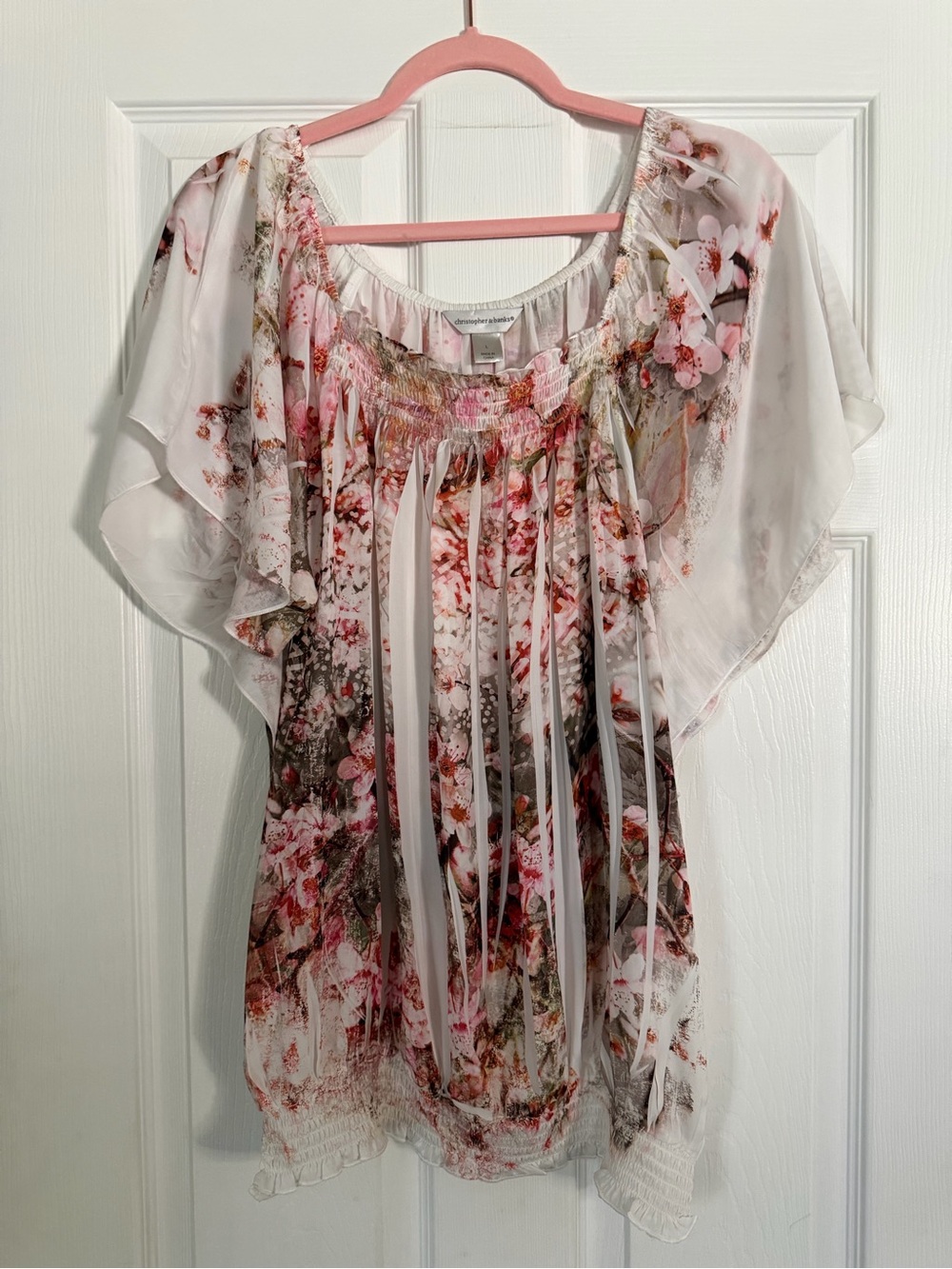 Sheer Pink Floral Off-Shoulder Blouse with Flutter Sleeves